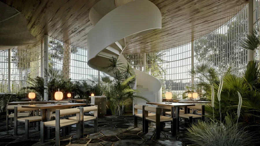 Restaurant with spiral staircase
