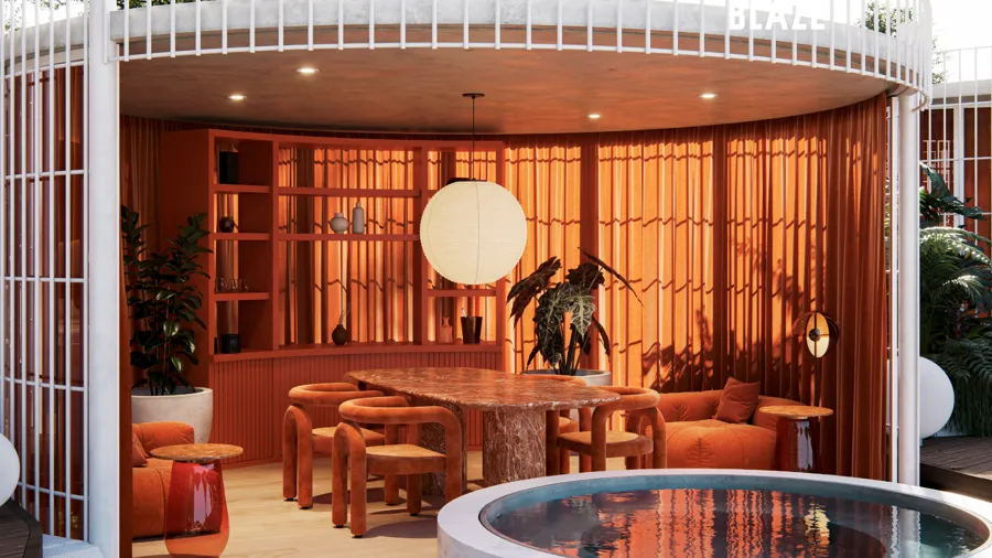 Circular social lounge in terracotta tones with jacuzzi