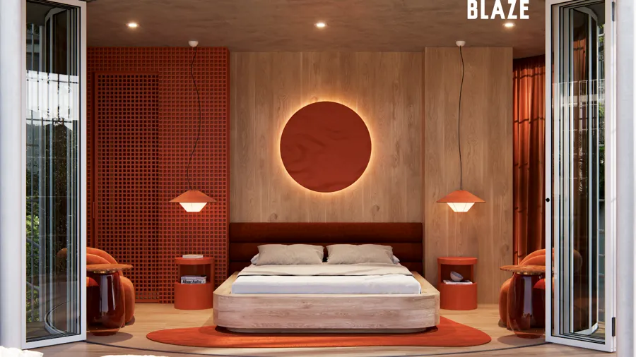 Blaze room interior in terracotta with a round window