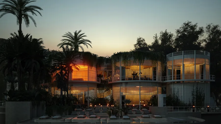Blaze social area and pool at sunset